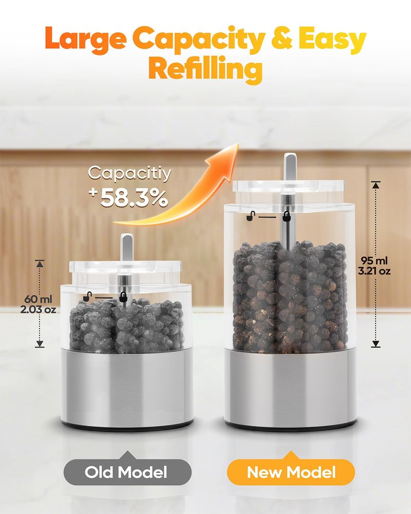 NIHEWON Electric Salt and Pepper Grinder Set with LED Light, Rechargeable Salt and Pepper Shakers with 5 Adjustable Coarseness, Upgraded Large Capacity, Stainless Steel, Storage & Charging Base