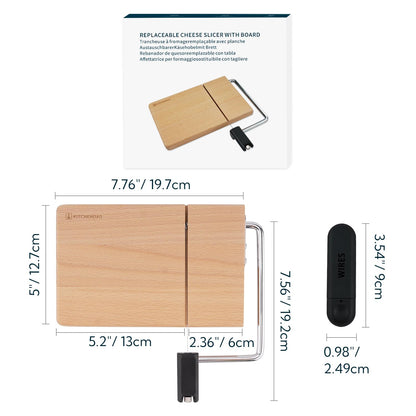 KITCHENDAO Replaceable Wire Cheese Slicer with Board, Tightness Adjustable Cheese Slicer, Beech Wood Cheese Cutter for Block Cheese, Easy to Replace, with 2 Extra Upgrade Strong Wires