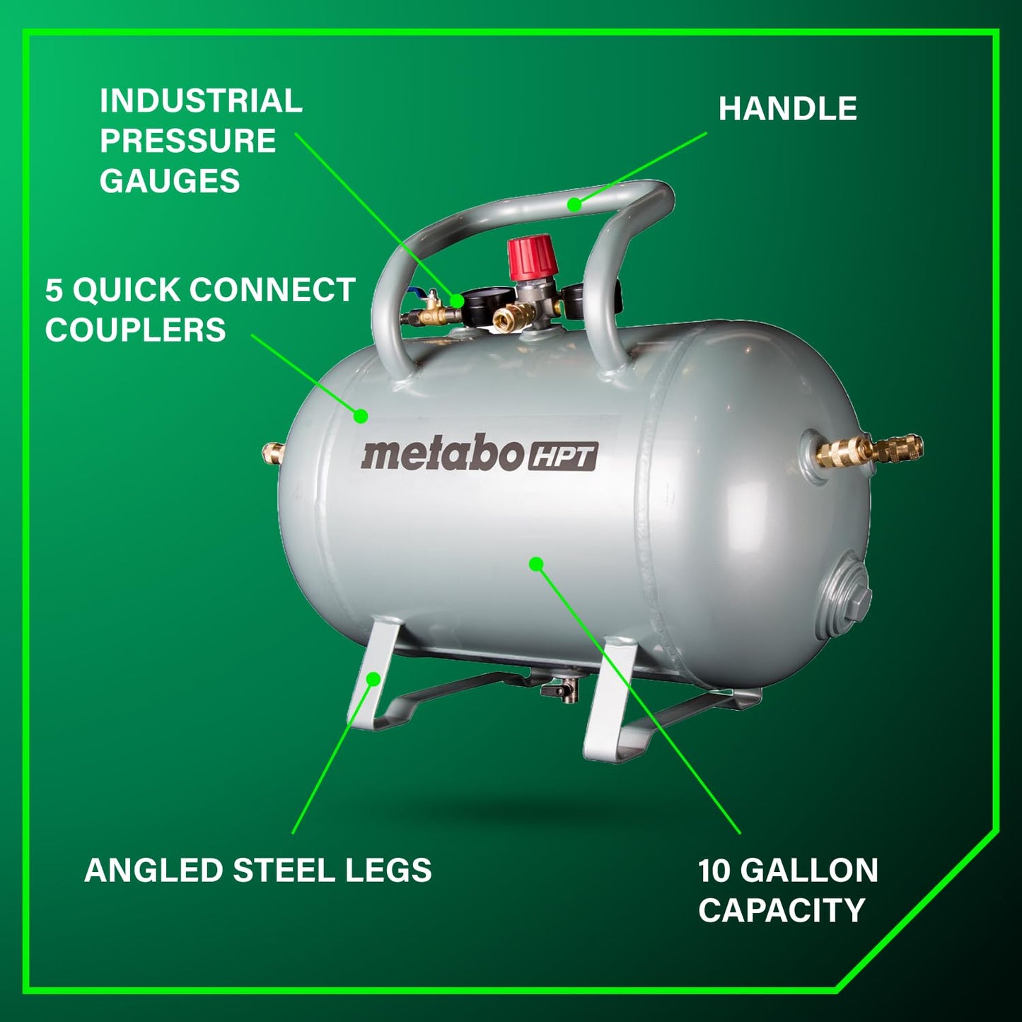 Metabo HPT Reserve Air Tank, High Capacity 10 Gallon Air Tank, ASME Certified, 5 Quick Connect Couplers, Industrial Pressure Gauges, Angled Steel Legs for Stability, UA3810AB