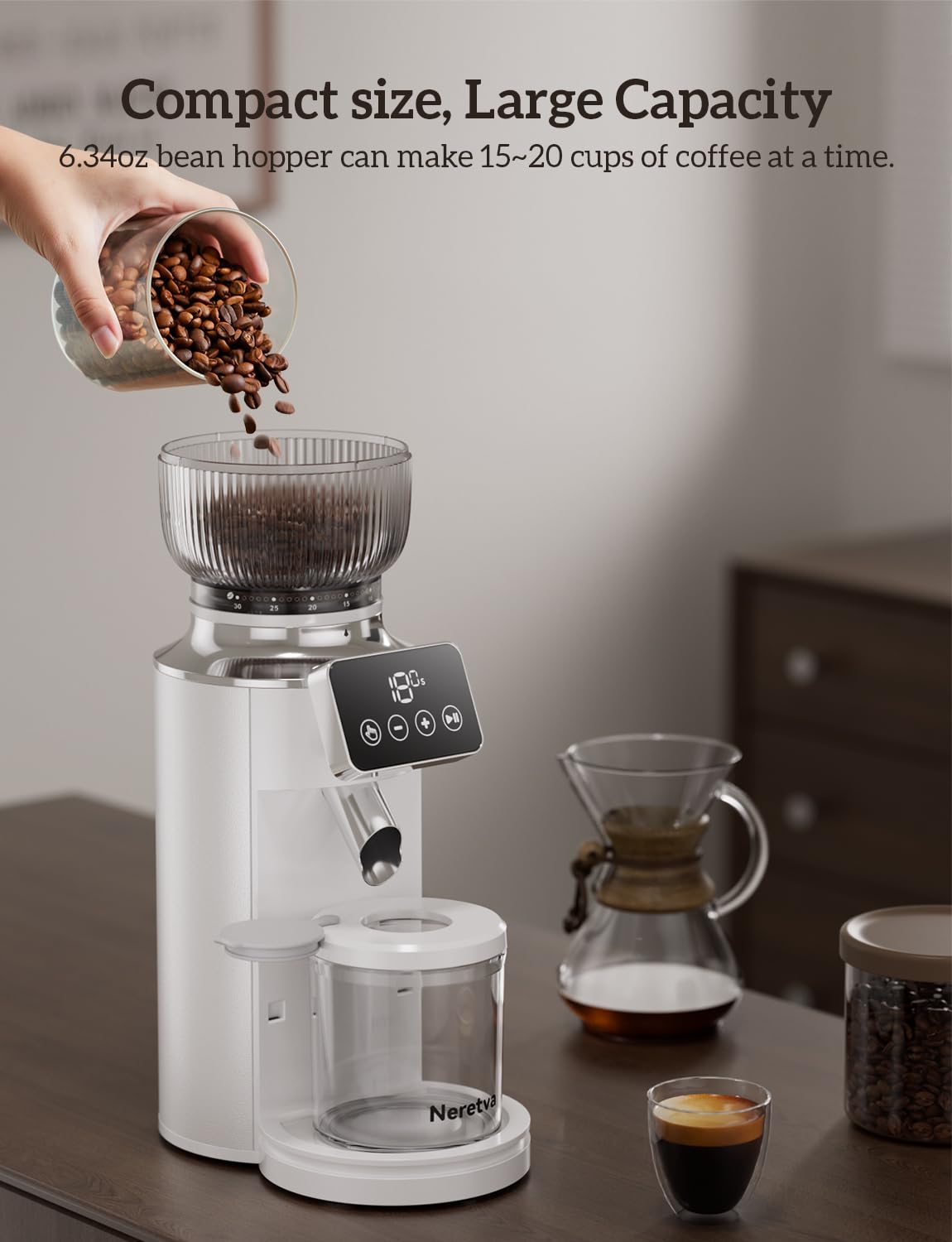 Neretva Espresso Grinder, 2 in 1 Professional Coffee Bean Grinder Stainless Steel Suit 51~58mm Portafilter Burr Coffee Grinder 30 Precise Setting&Anti-Static for Espresso/French Press/Drip/Moka-White