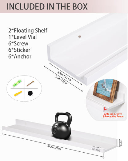 MBYD 48 Inch White Solid Wood Floating Picture Ledge Shelves Set of 2, Nursery Book Shelves Wall Mounted for Kids Room, Rustic Display Ledge for Books, Vinyl Records, Photo Frames & Farmhouse Decor
