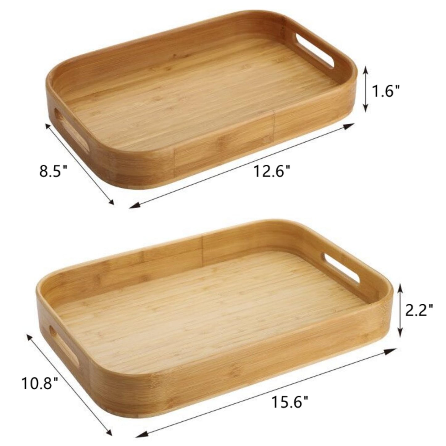 Dicunoy Set of 2 Bamboo Serving Tray, Solid Wood Breakfast Tray with Handles and Arc Angles, Large Size for Food, Dinner, Tea, Coffee, Bar, Parties, 15.6" L x 10.8" W /12.6" L x 8.5" W