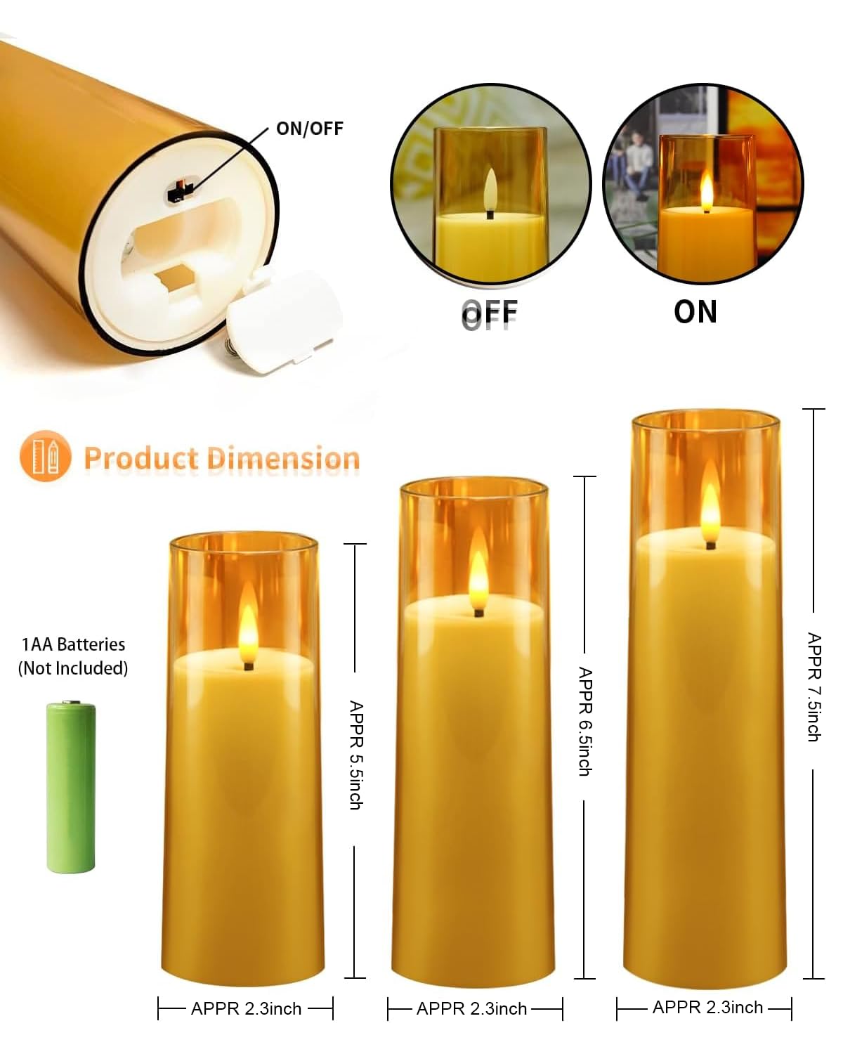 kakoya Flickering Flameless Candles Battery Operated with Remote and 2/4/6/8 H Timer Acrylic Led Pillar Candles Pack of 9 (appr D2.3"xH5.5"6.5"7.5")with Realistic 3D Wick Candles for Home Decor(Gold)