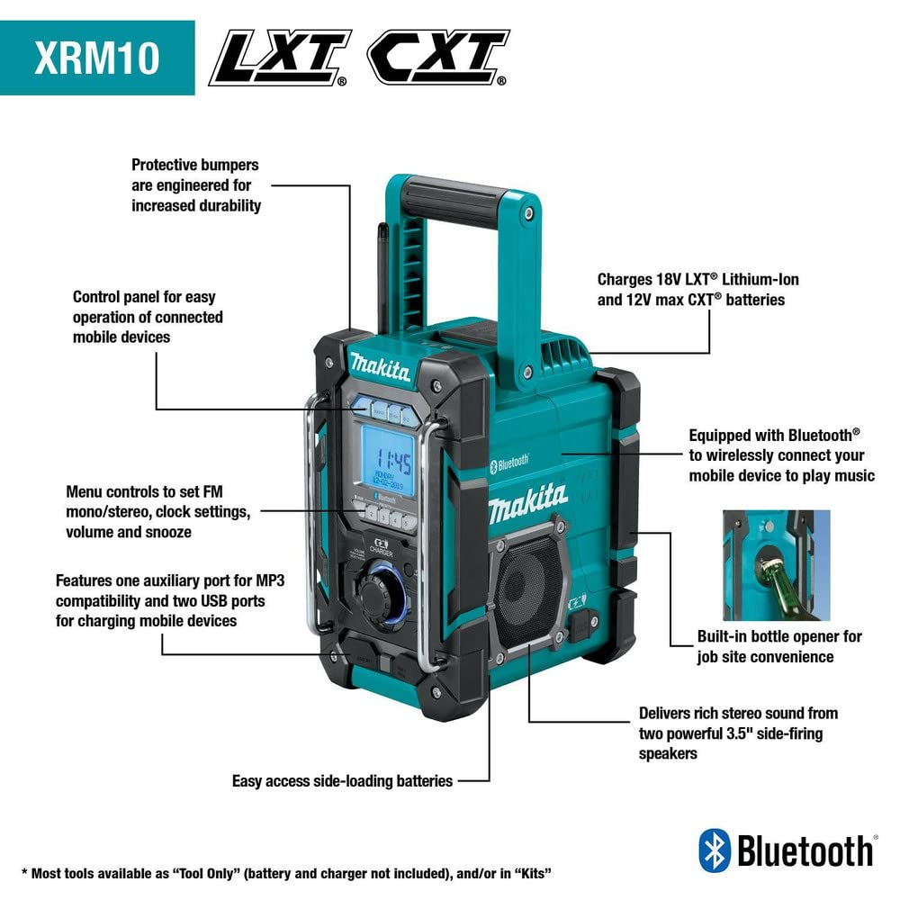 Makita XRM10 18V LXT® / 12V max CXT® Lithium-Ion Cordless Bluetooth® Job Site Charger/Radio, Tool Only