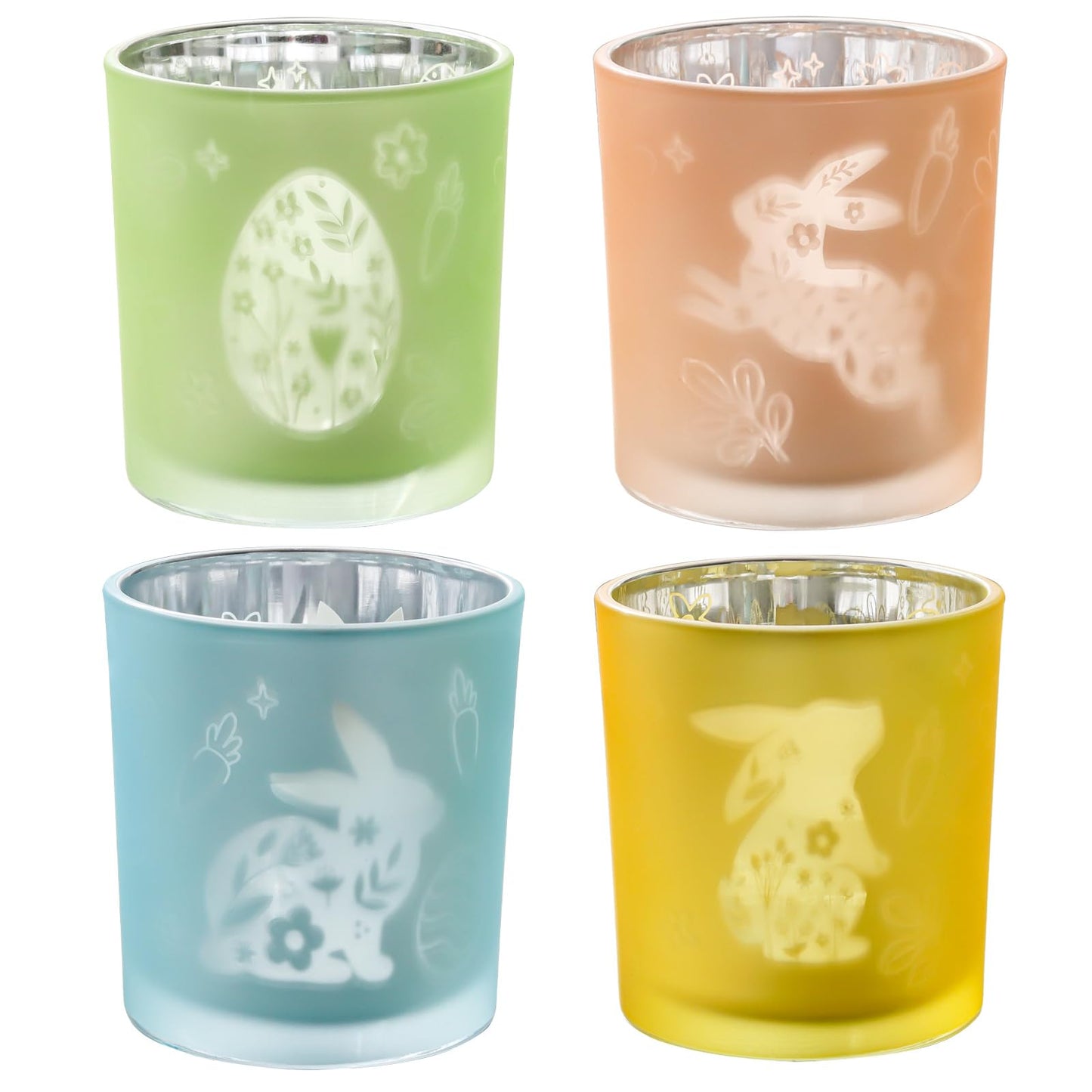 SHMILMH Easter Candle Holders Set of 4 Frosted Glass Votive Tealight Holders Engraved with Bunny Egg Easter Decorations Home Decor Table Centerpiece Gift for Women