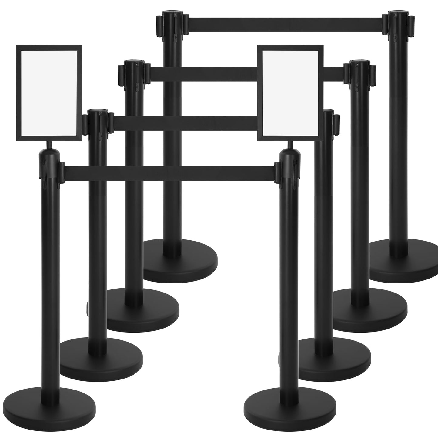 Therwen 8 Pcs Stanchions with 8.2 ft Retractable Belt Black Crowd Control Stanchions Set and Stanchion Post Sign Easy to Assemble Line Dividers Queue Ropes for Theaters, Weddings, Exhibitions