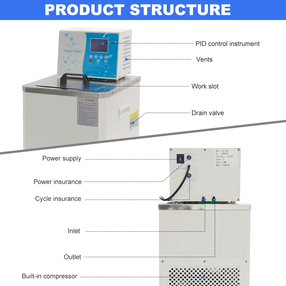 US In Stock -10℃ ~100℃ Laboratory Chiller Circulator 6L Chiller Lab Low Temperature Cooling Liquid Circulator Pump Chiller Lab Recirculating Chiller Water Bath Recirculating Water Cooling Chiller,110V