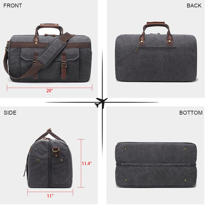 Duffle Bag for Men Waterproof Genuine Leather Canvas Travel Duffel Bags for Women Overnight Weekender Bag for Traveling, Black