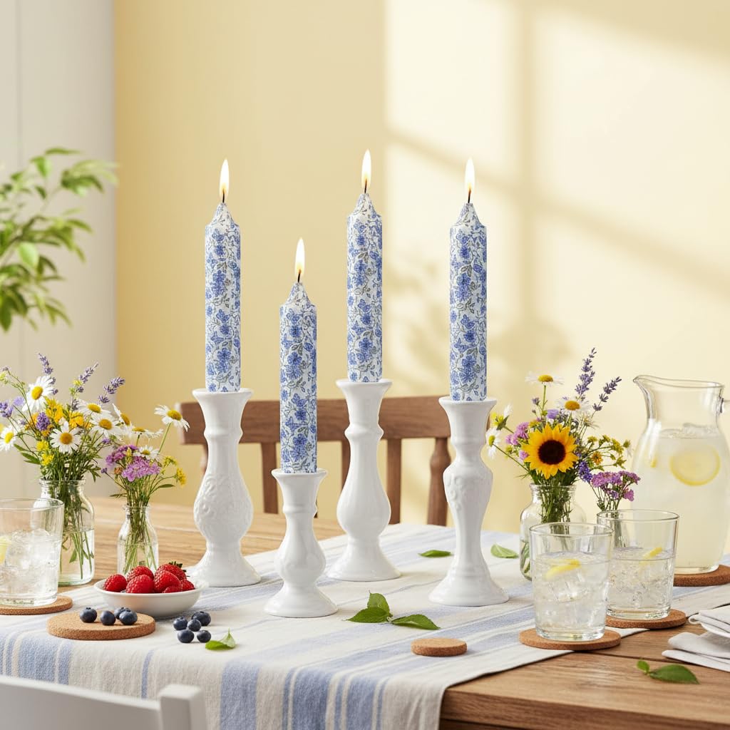 Short Blue and White Taper Candles 7 Inch Handmade Floral Candle Sticks Smokeless Unscented Clean Burning Candles for Meditation Sailing Housewarming Gift Wedding Birthday Home Dinner