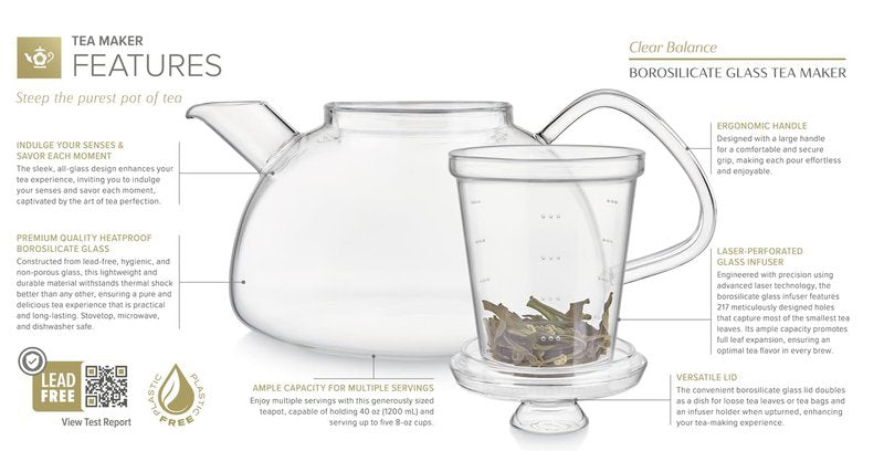 Teabloom Innovative Filtered Borosilicate Glass Teapot With Microdot Whole Leaf Tea Glass Infuser, 40 ounces – A Pure & Immersive Tea Experience – Tea Purist's Choice