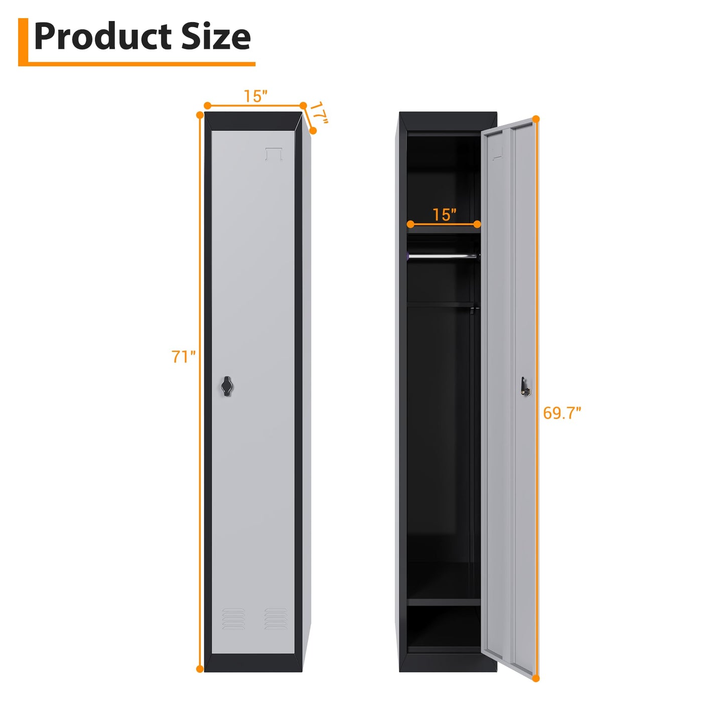 Metal Storage, Locker with 1 Door and 1 Shelf, Storage Cabinet for Gym, School and Office, Gray.