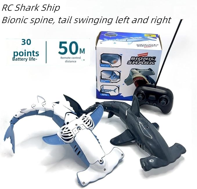 Beach and Summer Pool Remote Control Shark Boat Bath Toy RC Submarine Robo Shark Model Realistic Wiggle-Tail Electric Fish Hammerhead and Dusky Sharks (Cyan)