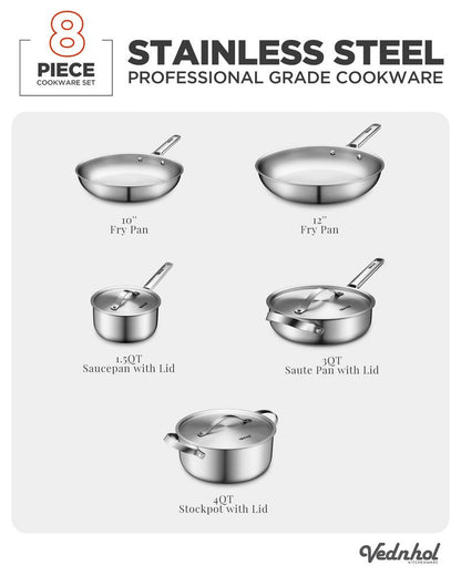 Stainless Steel Cookware Set, 8 Pcs Tir-Ply Pots and Pans Set, PFOA&PTFE Free, Dishwasher&Oven Safe, Kitchen Induction Compatible, ollas de acero inoxidable para cocinar