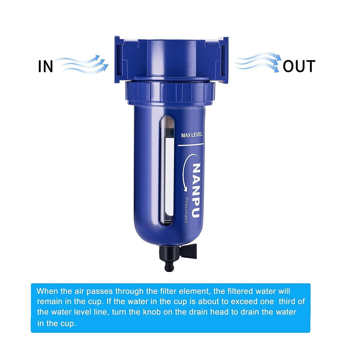 NANPU 3/8" NPT Compressed Air Filter, Zinc Alloy, 5 Micron Brass Element, Quick Release Bowl, Manual Drain, for Air Compressor ＆ Pneumatic Tools
