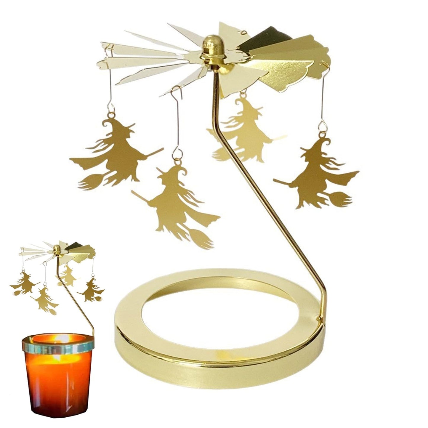 Flying Witch Candle Carousel Topper, Halloween Witch Decor Rotating Candle Holder Topper Candlestick Tealight Rotating Shadow Holders for Home, Centerpiece, Candlestick Tealight Decor (Gold_7cm)