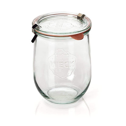 Weck Tulip Jar - 35.9 fl. oz (1 Liter) - Large Glass Container for Sourdough Starter, Canning, and Storage - Includes Glass Lid & Wooden Lid