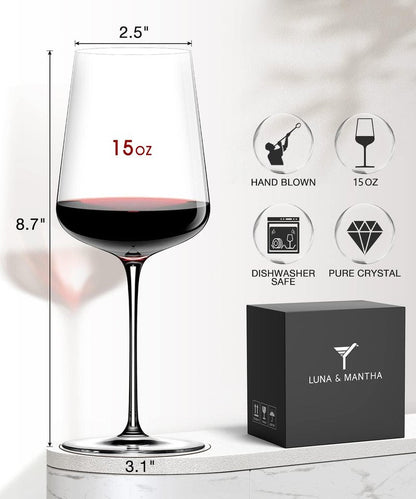 Red Wine Glasses Set of 2, 15 oz Exquisite Hand Blown Crystal Wine Glass, White Modern Wine Glass with Stem, Ideal Gift for Martini Set, Toasting at Weddings, Anniversaries, or Birthdays
