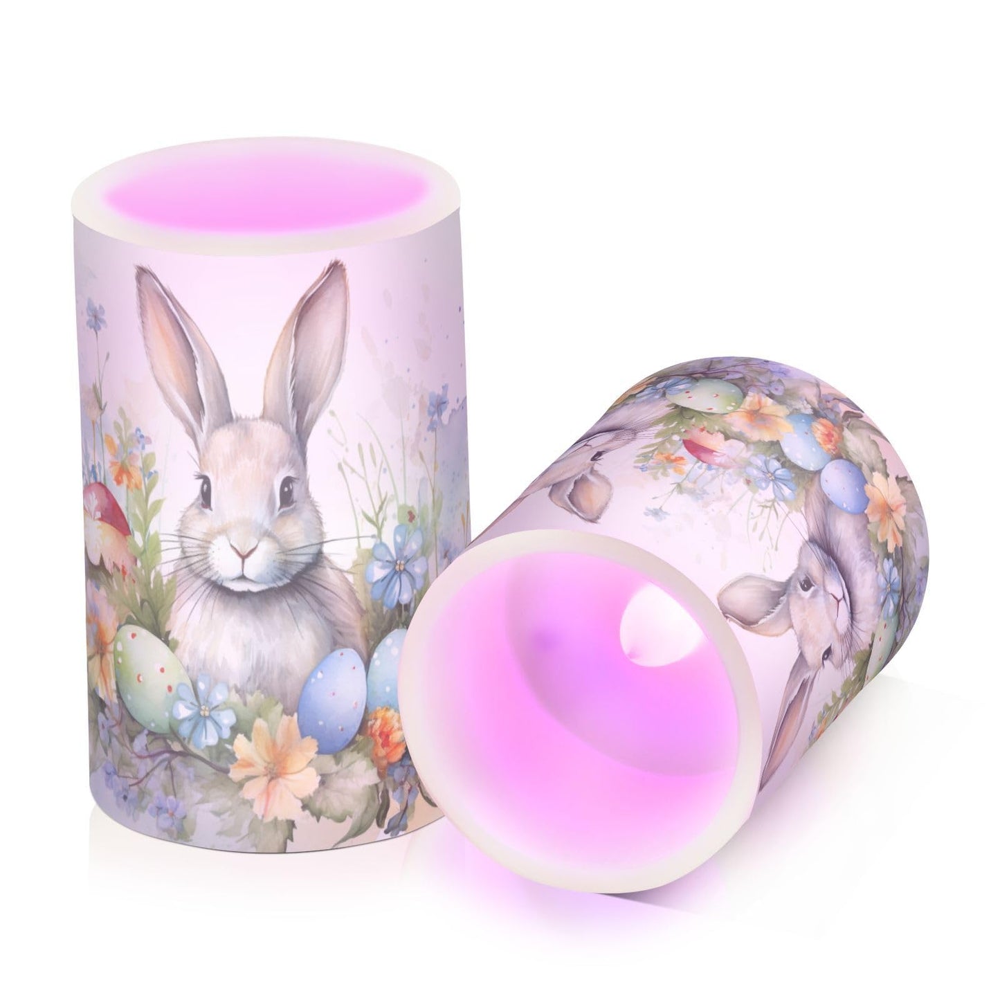 zyrtty 2 Pack Plastic Flameless Candles Easter Rabbit Colorful Eggs Watercolor Flower Bunny Battery Operated with Remote and Timer Real Wax LED Flickering Pillar Candles Set Window Christmas Holiday D
