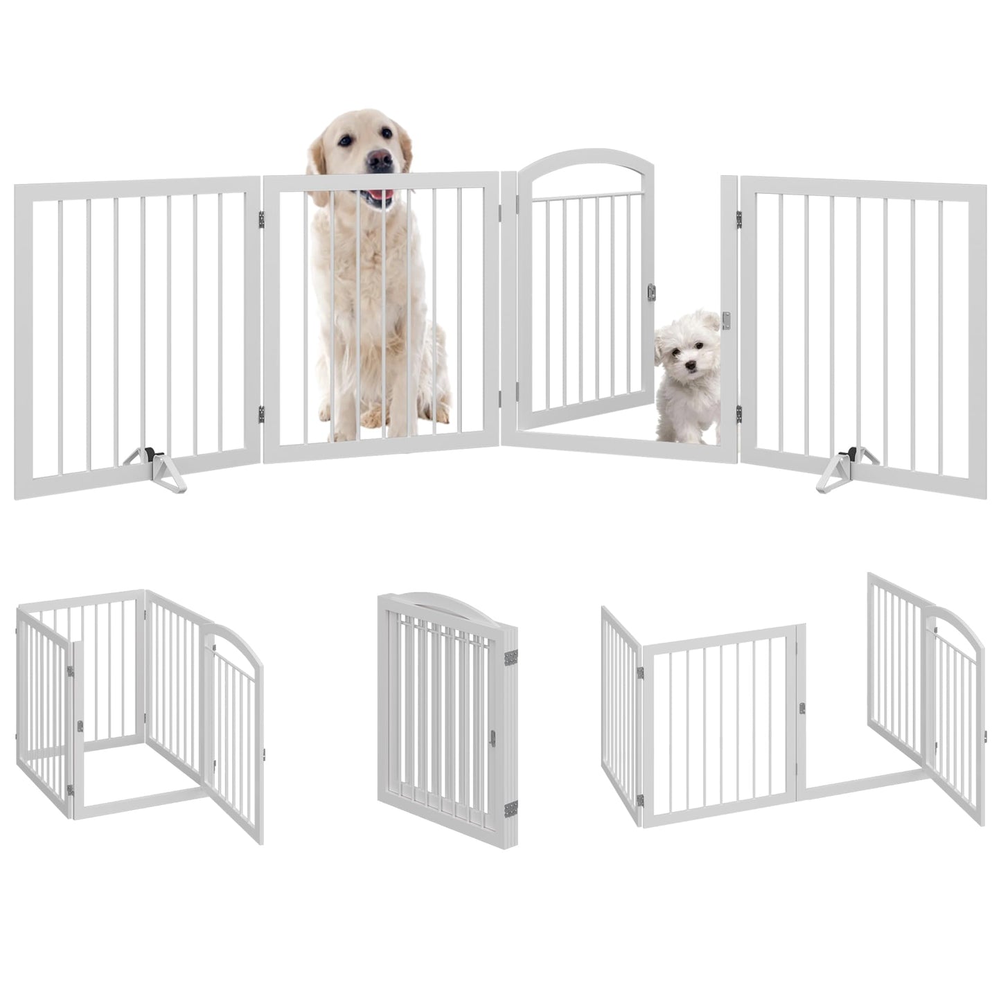 JSB 96-inch Extra Wide 30-inch Tall Dog gate with Door Walk Through, Freestanding Round Tube Pet Gate for Halls Stairs, Puppy Safety Dog Fence with 2PCS Support Feet (White)