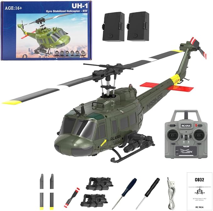 C032 UH-1 Huey RC Helicopter for Adults - 1/48 Scale 2.4G 6CH Flybarless Remote Control Helicopter Model 3D Stunt Flight &amp High-Precision RC Airplane (Green (2 Batteries))