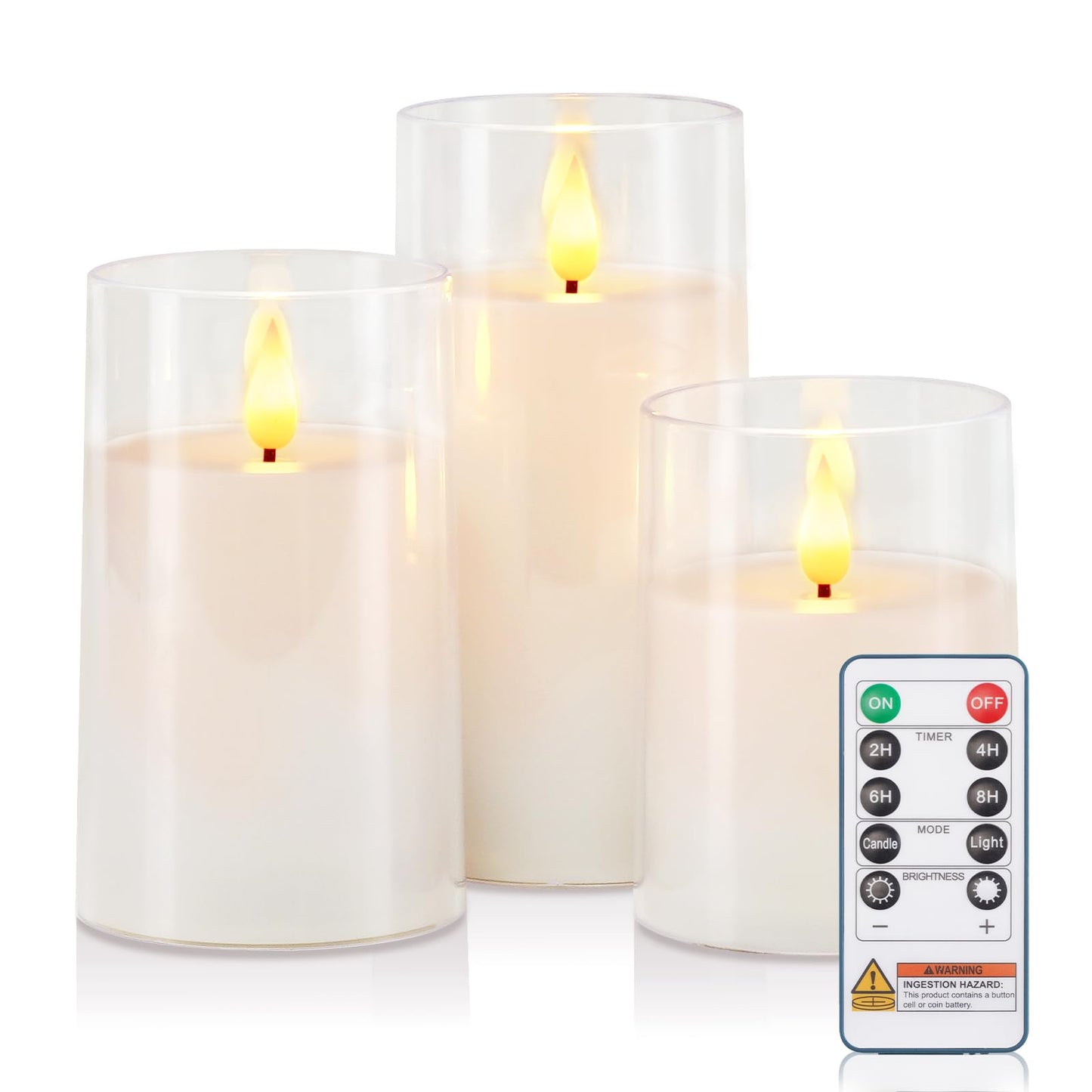 Raycare Flameless Candles Battery Operated with Remote Timer, Acrylic Flickering LED Pillar Candle for Christmas, Wedding, Home Decor, Gift for Family and Friend, White, Set of3
