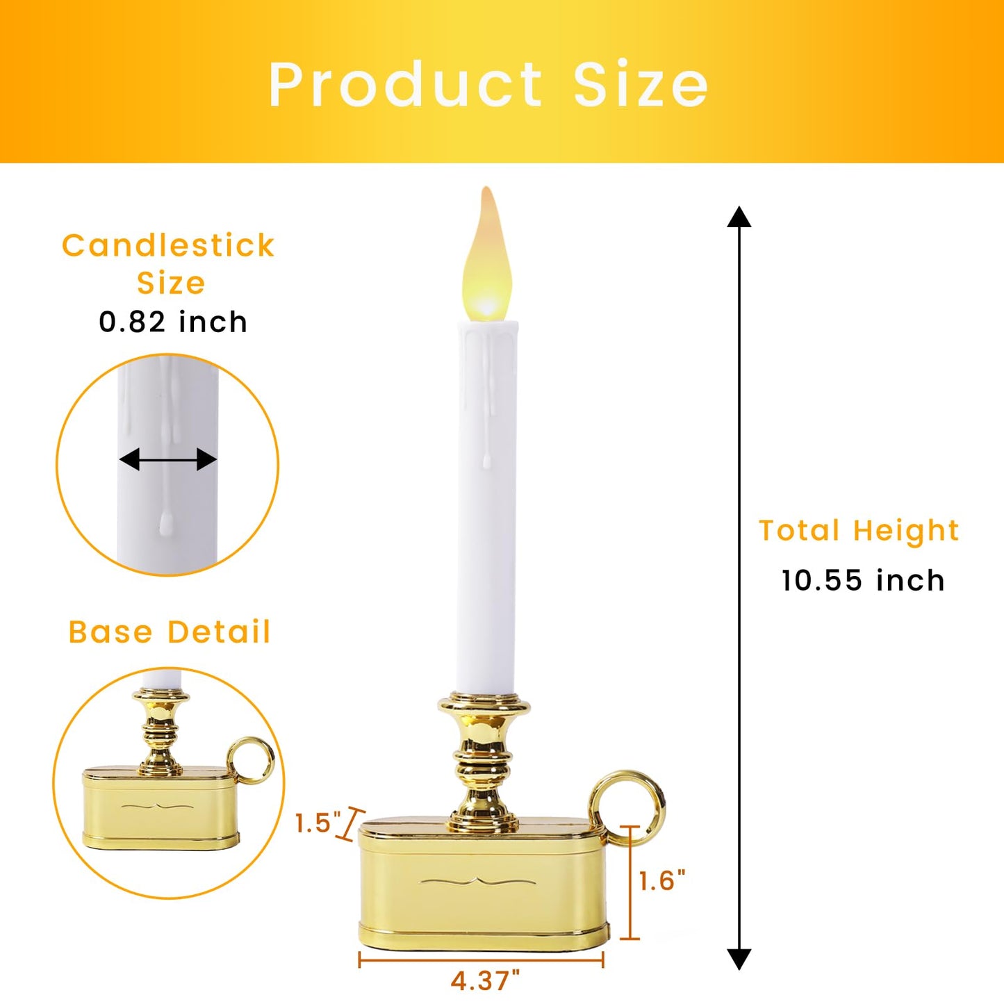 LitTerra Window Candles 2AA Battery Operated with Timer 8 Hours On and 16 Hours Off Led Warm White with Flicker Flame (Gold Base) Battery Not Included