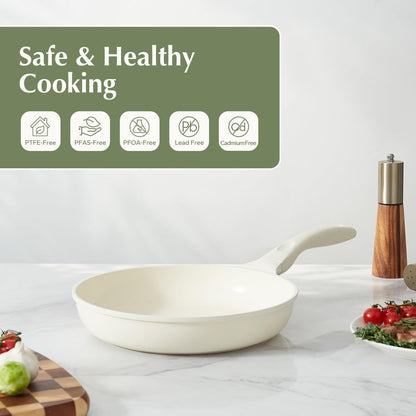 Redchef Ceramic Pan Nonstick, Nonstick Frying Pan, Large Fry Pans, PFAS & PFOA-Free, Non-Toxic, Induction Compatible Pans, Ergonomic Handles, Suitable for All Stove, Beige White, 11"