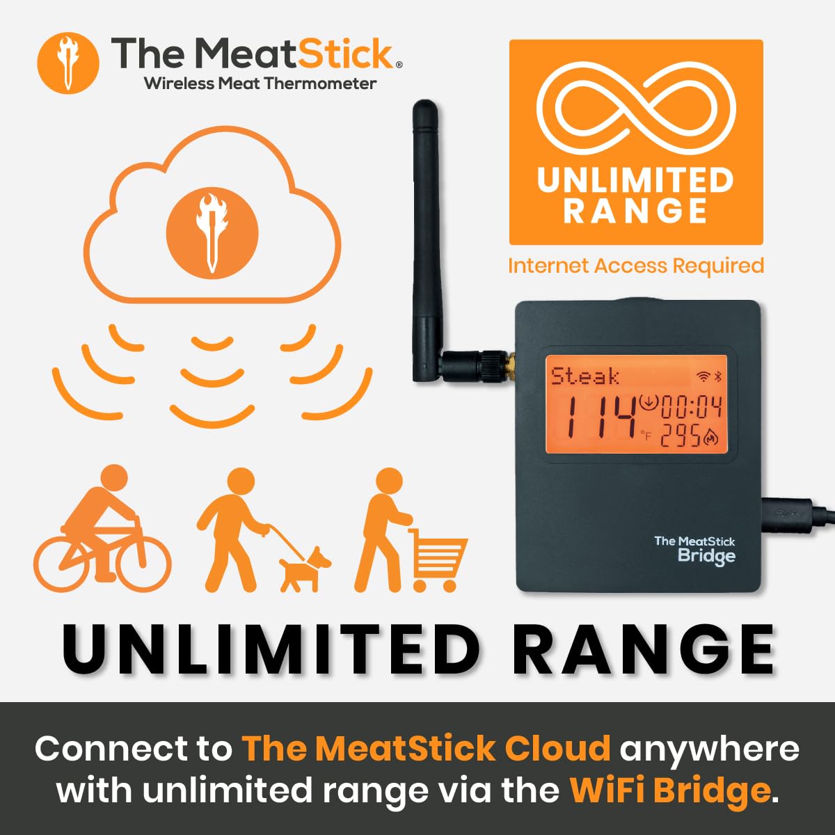 MeatStick 4X WiFi Bundle [4-Probe/Unlimited Range] | Quad Sensors Smart Wireless Meat Thermometer with Bluetooth | for Smoking, Grilling, BBQ, Air Fryer, Deep Frying, Oven, Sous Vide, Rotisserie