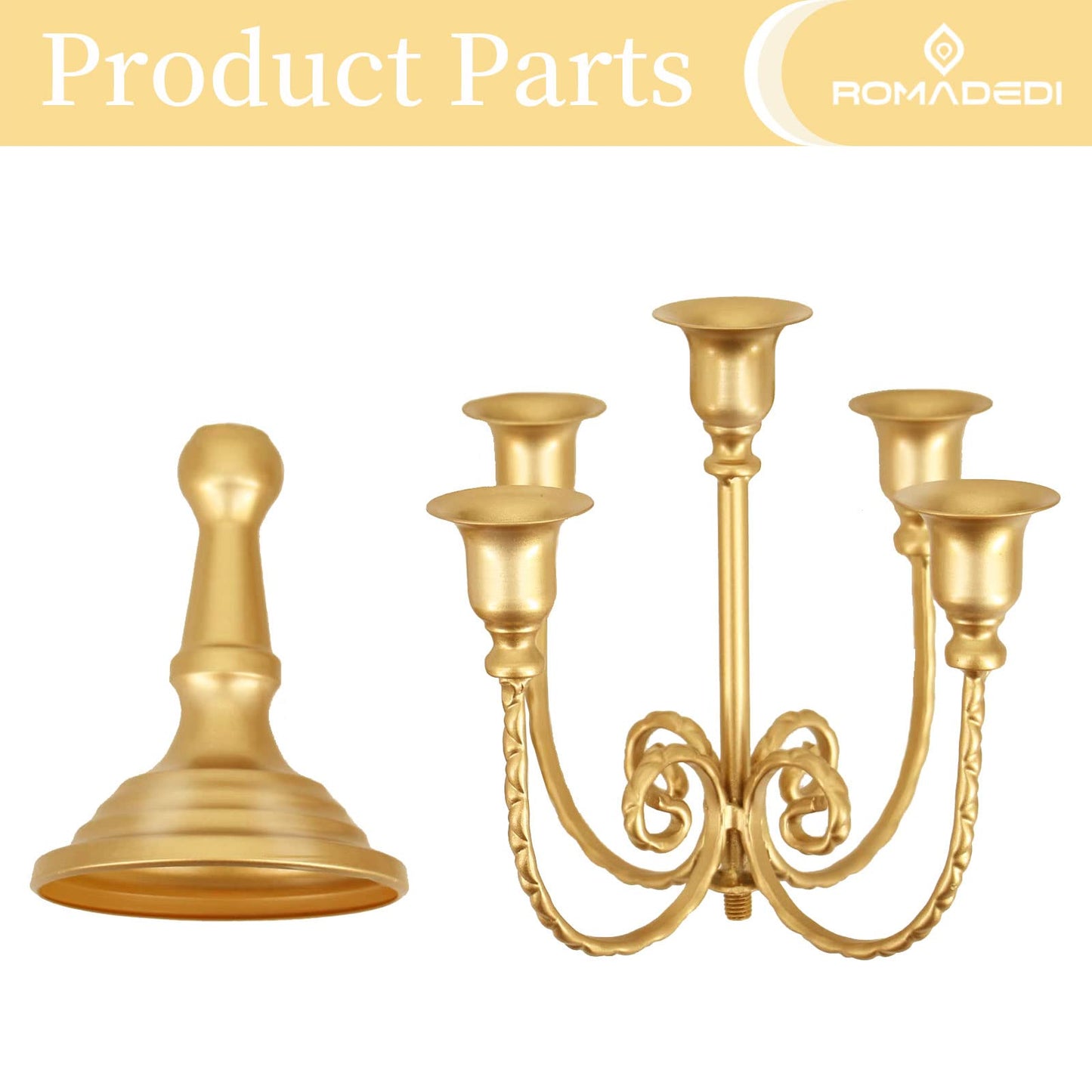 Romadedi Candelabra Gold Candle Holders - 5 Arm 11.8" Wedding Candlestick Holder for Theme Party Table Centrepiece Decor Dining Room Birthday Holiday Christmas