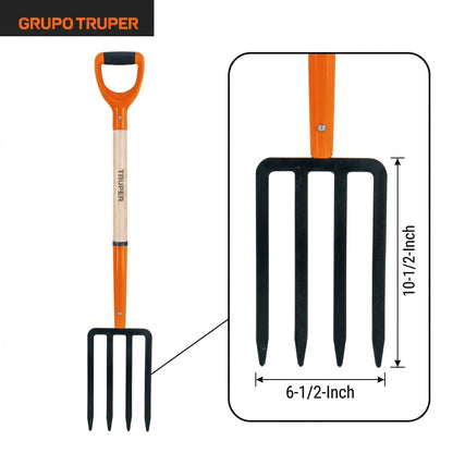 Truper Garden Fork, 4 Tines, 29-Inch Ash Wood Handle with Comfort Grip Y Handle, Forged One-Piece Steel Head (Model BJ-4P / 11018)