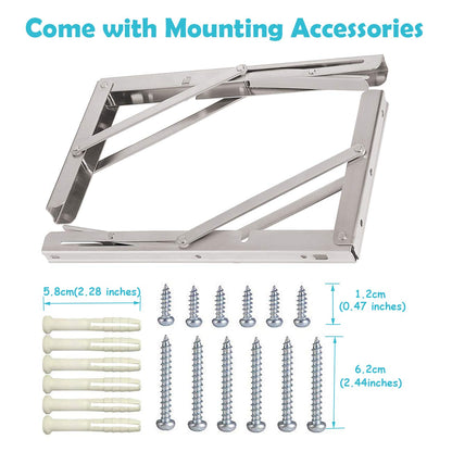 CLT 12'' Folding Shelf Brackets Max. Load 440 lb, Heavy Duty Stainless Steel DIY Wall Mounted Shelf Bracket Space Saving for Table Work Bench, Pack of 2