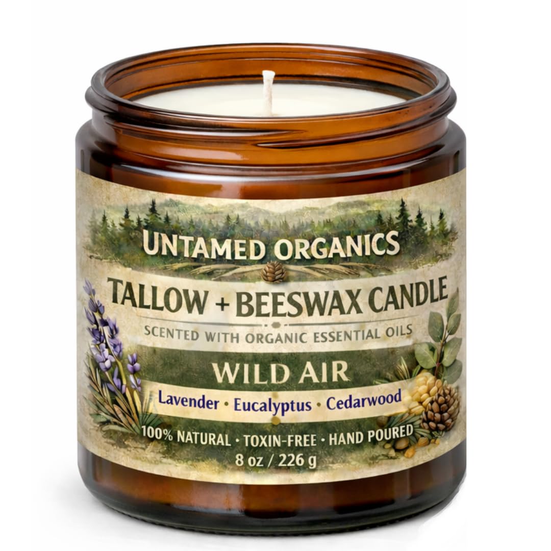 Untamed Organics Grass-Fed Tallow Candle, Essential Oil Scented (Lavender Eucalyptus Cedarwood), No Synthetic Fragrance, Non-Toxic, 100% Cotton Wick, Hand Poured, 8 oz Amber Glass Jar, 50+ Hr Burn
