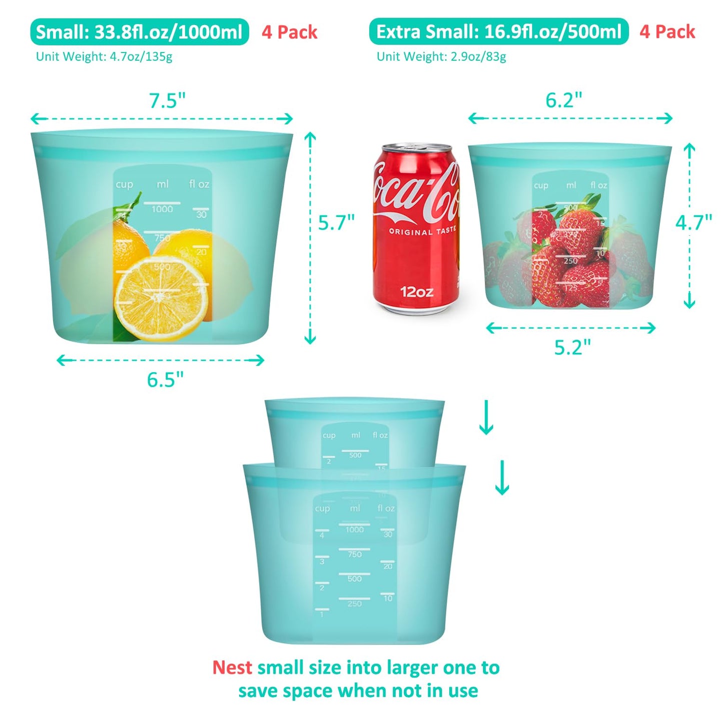 Reusable Food Bags, 12 Pack 100% Silicone Food Storage Bags Stand Up Zip Lock Container, Freezer Microwave Oven Dishwasher Safe, 4 Medium 4 Small 4 Extra Small, Aqua