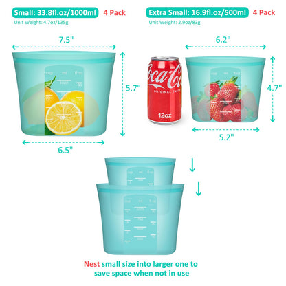 Reusable Food Bags, 12 Pack 100% Silicone Food Storage Bags Stand Up Zip Lock Container, Freezer Microwave Oven Dishwasher Safe, 4 Medium 4 Small 4 Extra Small, Aqua