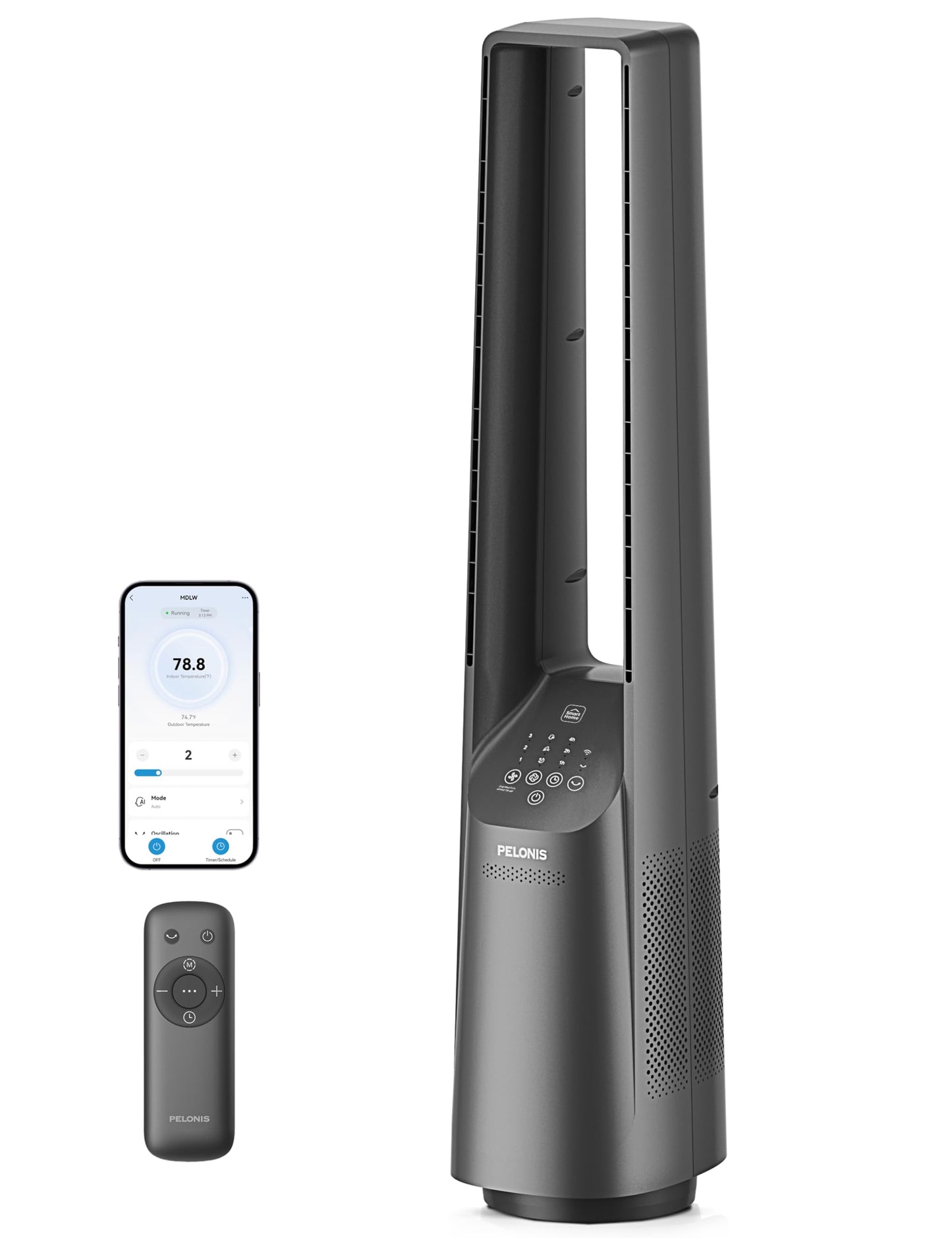 PELONIS 40" Smart Bladeless Fan for Bedrrom - Tower Fan, Alexa/Google/WiFi, DC Motor, 6 Speeds, 4 Modes, Remote, 7H Timer, 90° Oscillation, Safe for Home and Office