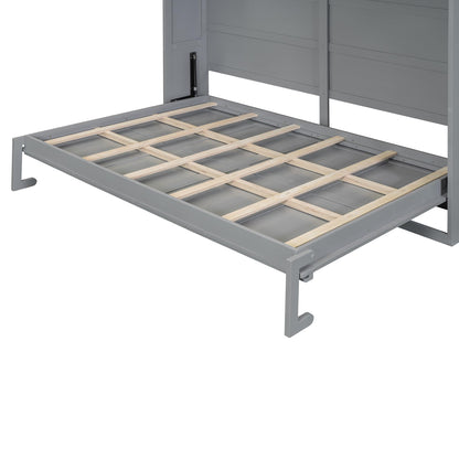 Ball & Cast Murphy Bed Full Size,Wall Beds with Charging Station and Storage Top,Slat Support,Wood Hideaway Cabinet Bedframe w/Leg,can be Folded,Space-Saving,for Small Room,Dorms,Gray