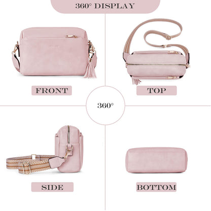 Roulens Triple Zip Small Crossbody Bag for women,Wide Strap Cell Phone Purse Shoulder Handbag Wallet with Credit Card Slots
