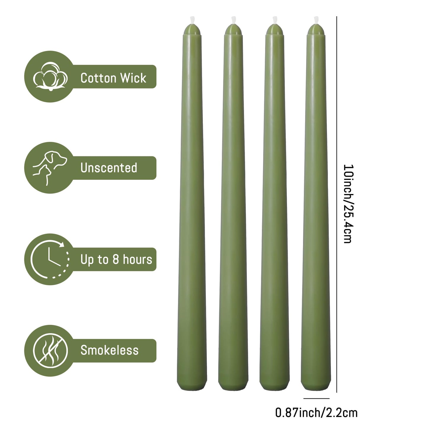 Viyffo Taper Candles, 10 Inch, 4 Pack, Olive Glow – Unscented, Dripless & Smokeless Design, Up to 8 Hour Burn – Long Tall Taper Candlesticks for Wedding, Dinner & Home Decor