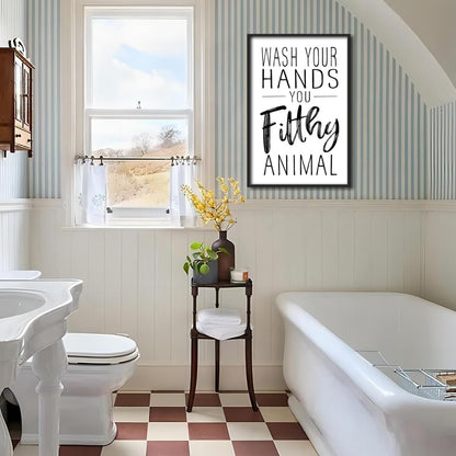 Skiennix Framed Black And White Bathroom Wall Art - Funny Wash Your Hands Poster | Modern Minimalist Decor