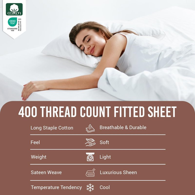 Pizuna Pure 100% Cotton King Fitted Sheet Only, Luxurious 400 Thread Count Long Staple Cotton Sateen Weave 15" Deep Pocket Fitted Sheet (Combed White King Fitted Sheet Cotton)