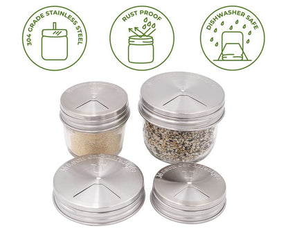 Mason Jar Lifestyle Adjustable Spice Shaker Lids for Regular Mouth Mason Jars – 4 Pack Stainless Steel Tops with Shaker and Pour Options – Seasoning Dispenser Lids