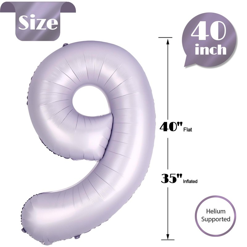 Lilac 9 Balloon, Number Balloons 40 Inch, Lavender 9th Giant Birthday Decorations for Girls, 19th 29th Party Decorations Supplies, Number 9 Balloon