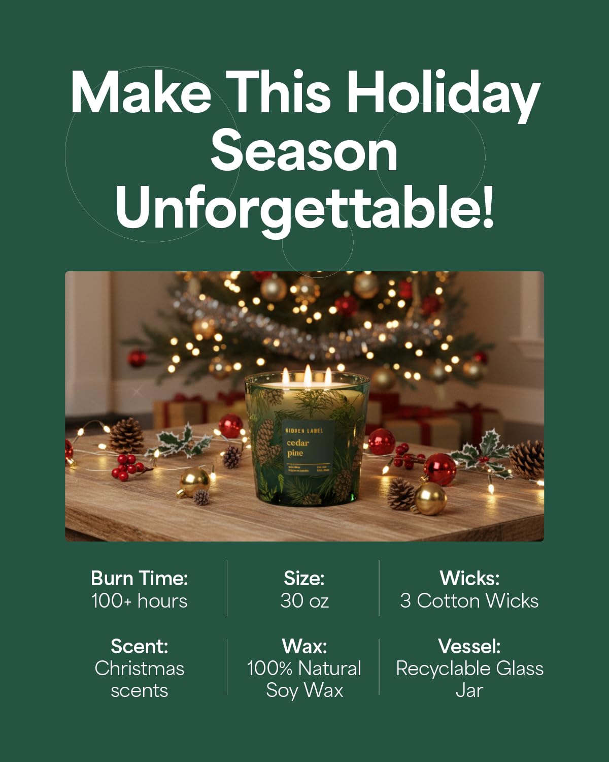 Cedar Pine Scented Candle, 30oz Natural Soy Wax, 3 Wick Large Winter Forest Candle for Home, 100+ Hours Clean Burn, Fresh Cut Christmas Tree Aroma for Holiday Decor, Stress Relief & Gifting