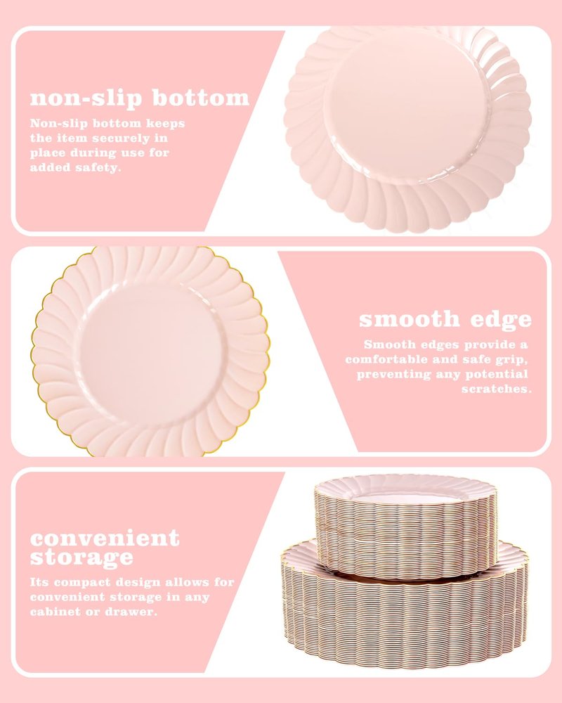 YOUBET 100PCS Pink Scalloped Plastic Plates - Heavy Duty Gold Disposable Fancy Hard Plates Include 50 Dinner Plate, 50 Dessert Plate, for Wedding & Party Mothers Day