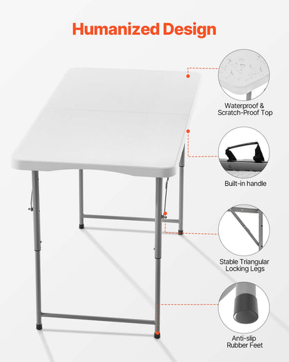 VEVOR Folding Table, Heavy Duty Portable Fold-in-Half Utility Table, Indoor Outdoor Plastic Rectangle Table with Built in Handle, for Party, Dining, Wedding, Events, Picnic, Camping, 4 ft, White