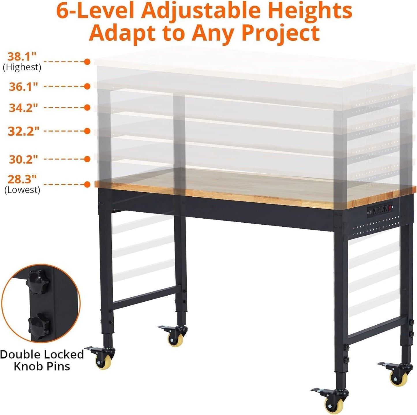 60" Adjustable Workbench with Wheels, Heavy Duty Mobile Work Table, 2000LB Capacity, Hardwood Top, Power Outlets, Rolling Garage Workbench for Workshop, Craft, Office