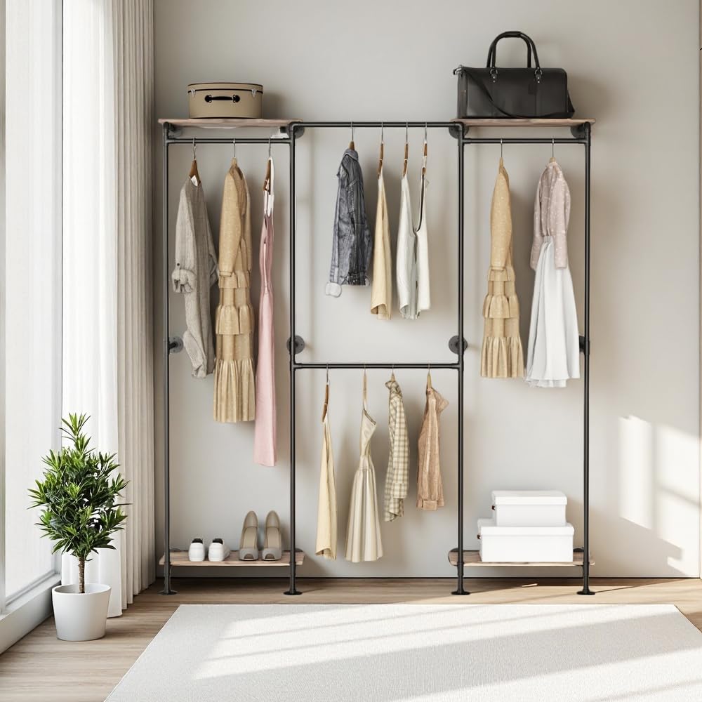 KaKaBB Industrial Pipe Clothing Rack, Wall Mounted Clothing Rack for Hanging Clothes, Adjustable L Shape Corner Clothes Rack with Shelves, Closet System for Walk in Closets(BLACK)