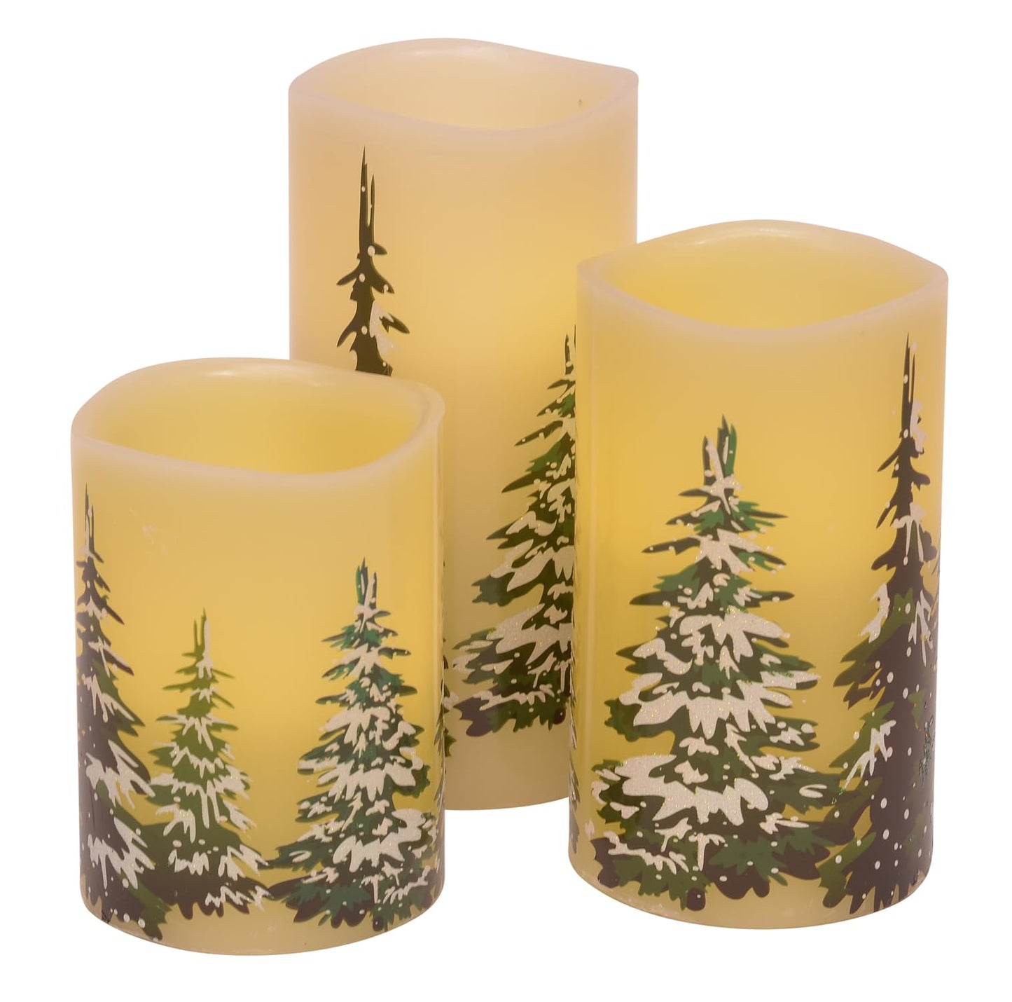 Mark Feldstein & Associates Snowy Winter Pine Forest Wax Flameless Holiday Pillar Candles, Set of 3, 6 Inch
