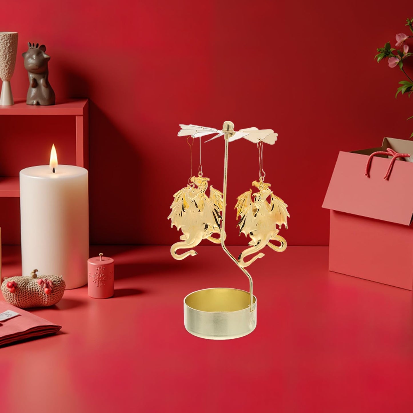 Cabilock Metal Rotary Tealight Holder: Carousel Candlestick - Heat-Activated Spinning Candle Holder Dragon Motif for Festive Occasions Romantic Ambiance