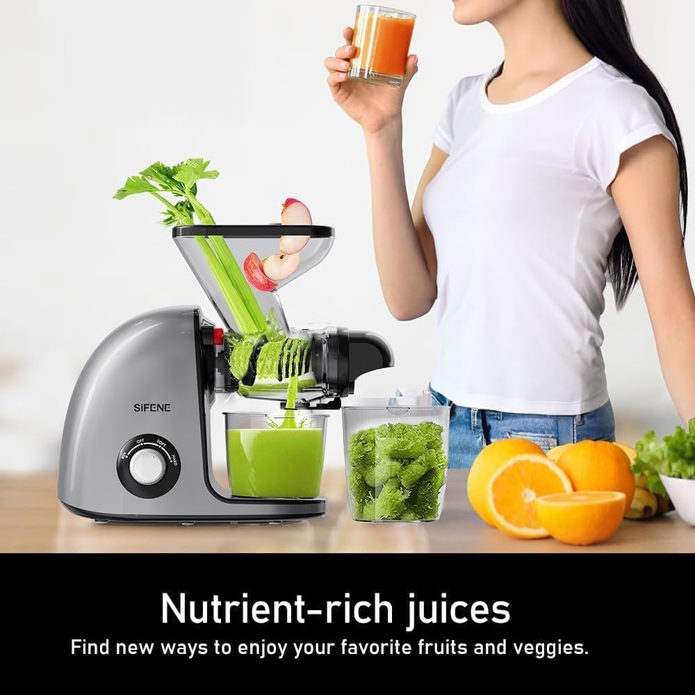 Cold Press Juicer, SiFENE Slow Masticating Juicer Machines for Fruit & Vegetable, Juice Yield Maker Extractor with Dual Mouth Quiet Motor & Anti-Clog System, Easy to Clean, Gray, JS3209